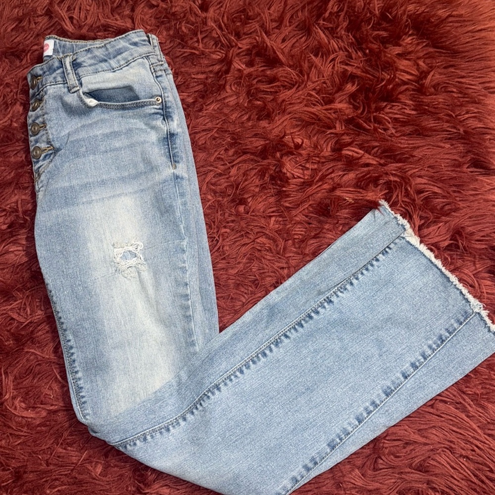 EUC! Girls Colorful Planet Button Down Distressed Flare Jeans